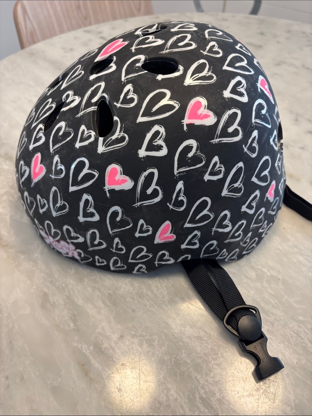 Kids Black Helmet with Pink and White Heart Print
